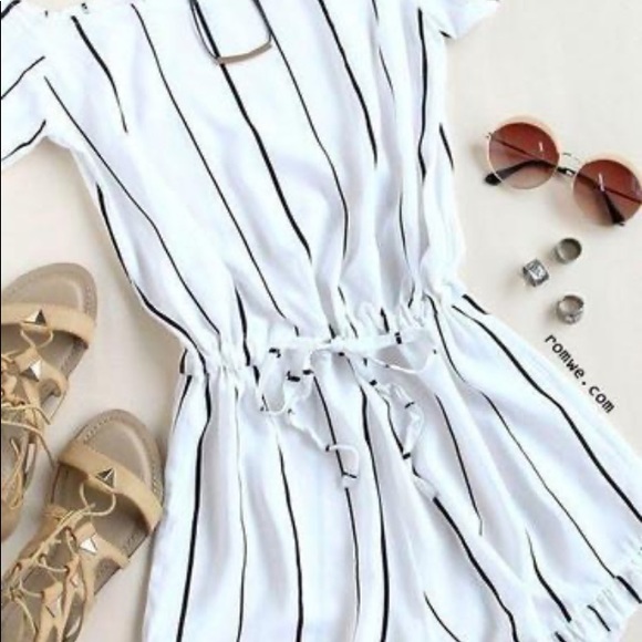 Off Shoulder Striped Ruffle Short Romper - Picture 1 of 2